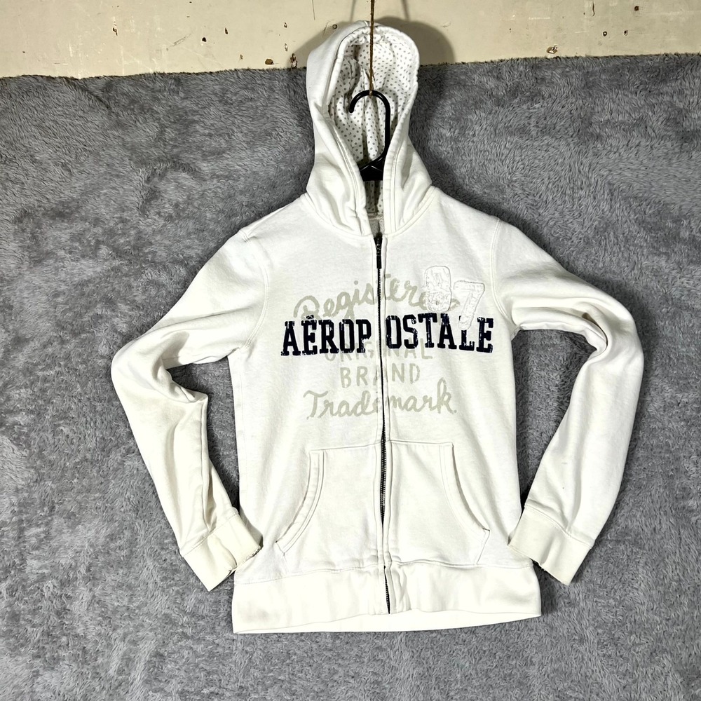 Aéropostale Hoodie Womens Medium White Lined Graphic Full Zip Kangaroo Pocket